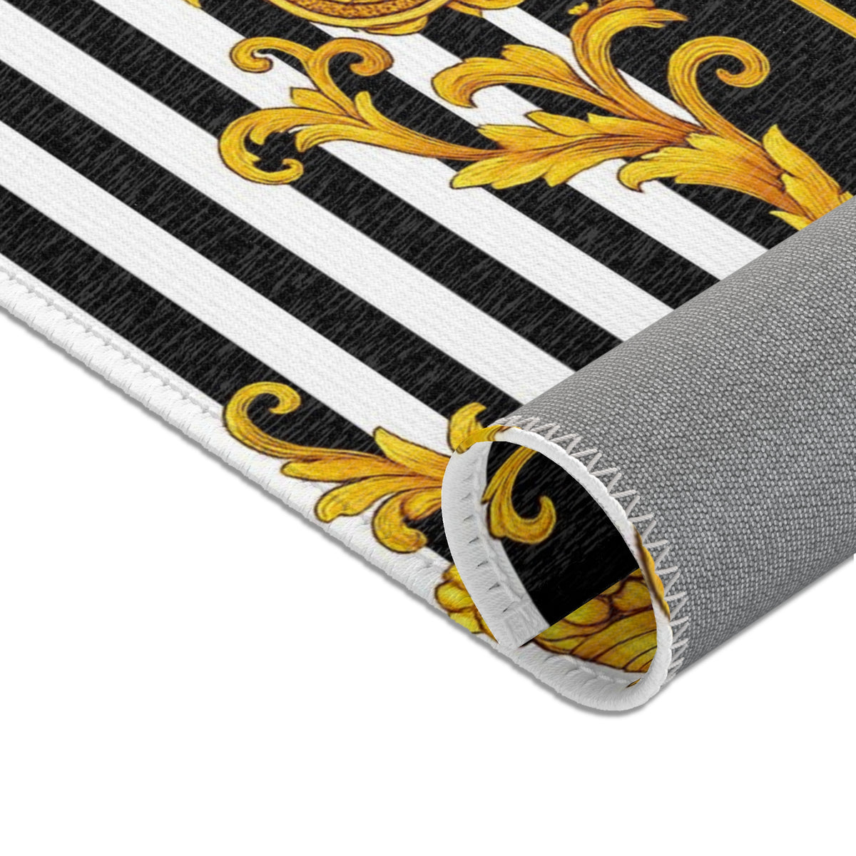 Baroque Gold Scroll Area Rug — Black & White Striped Medallion Accent Rug