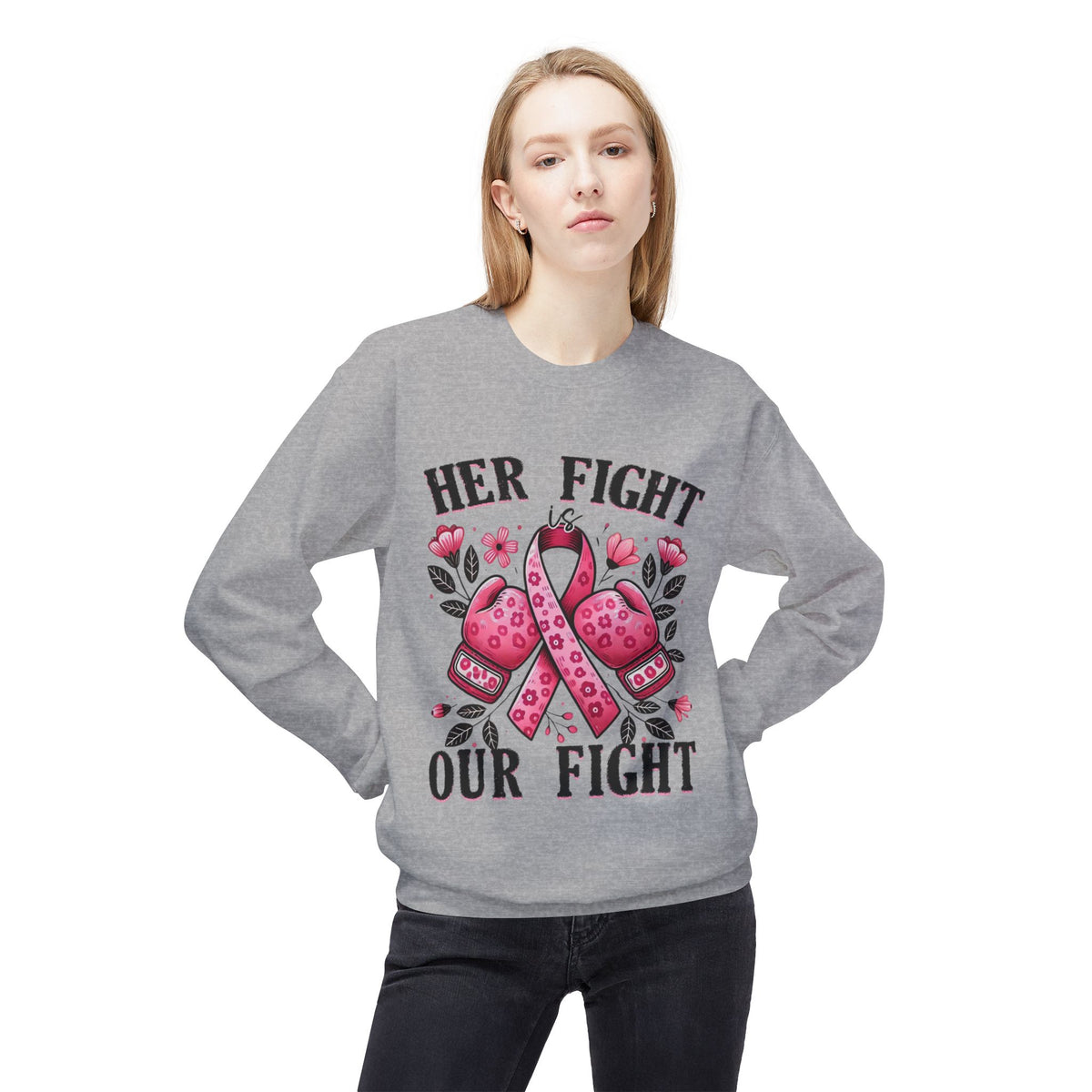 Breast Cancer Awareness Crewneck Sweatshirt - "Her Fight Our Fight" Pink Ribbon Design