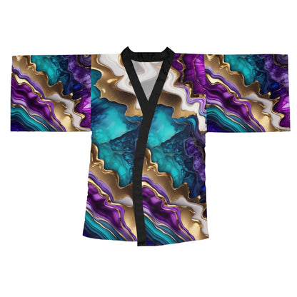 Elegant Long Sleeve Kimono Robe with Colorful Abstract Design