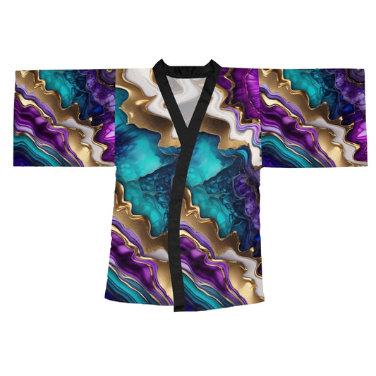 Elegant Long Sleeve Kimono Robe with Colorful Abstract Design