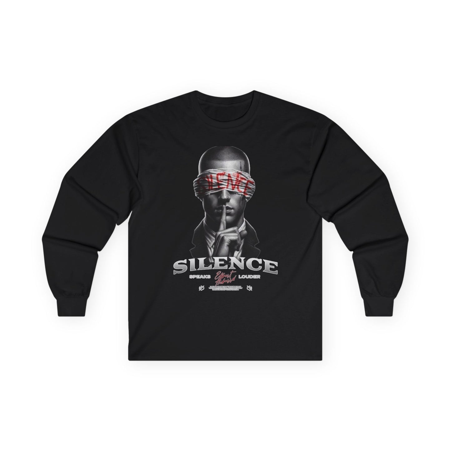 Silence Graphic Long Sleeve Tee — 'Silence' Poster Design with Shushing Figure