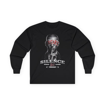Silence Graphic Long Sleeve Tee — 'Silence' Poster Design with Shushing Figure