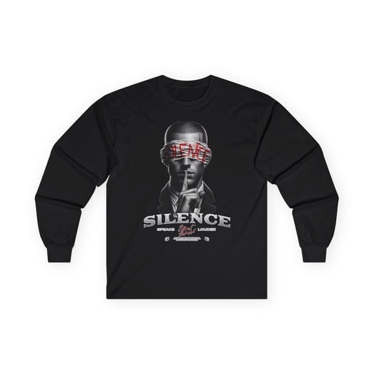 Silence Graphic Long Sleeve Tee — 'Silence' Poster Design with Shushing Figure