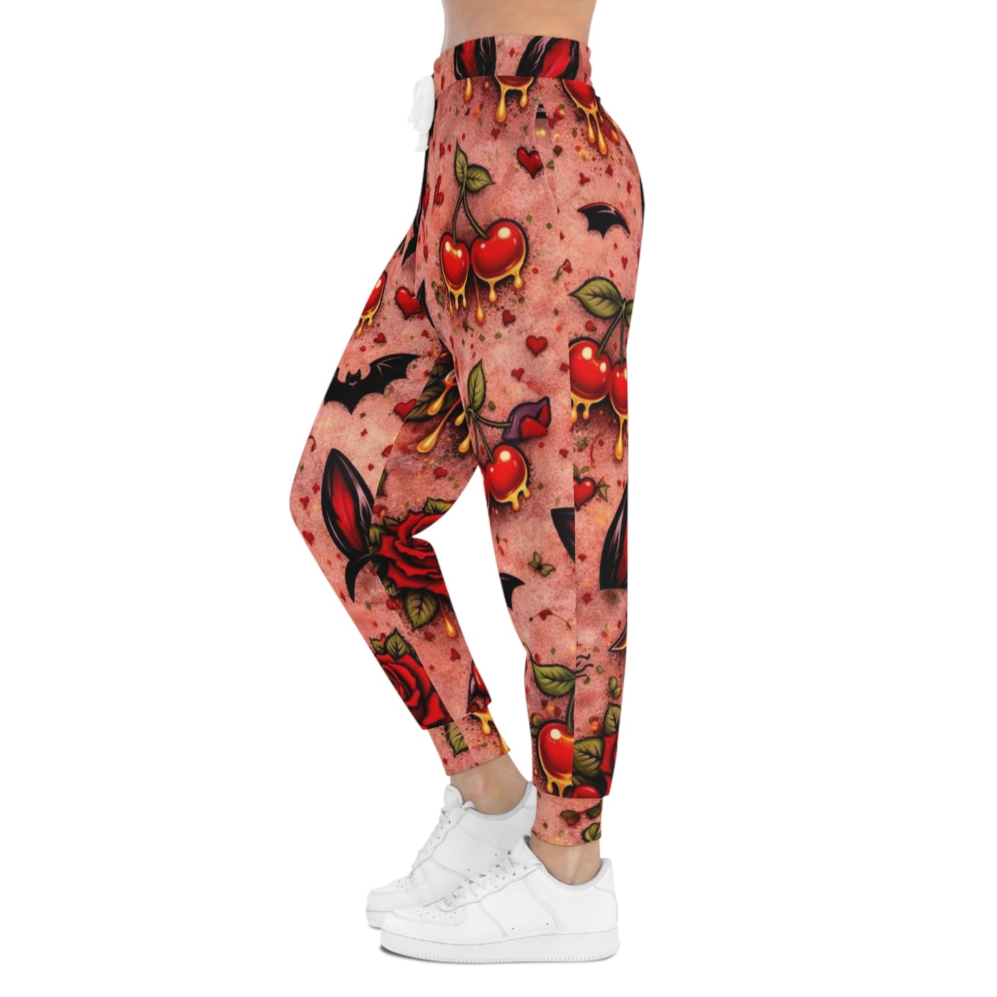 Gothic Cherry Tattoo Joggers — Vampire Bat & Rose All-Over Print Athletic Pants