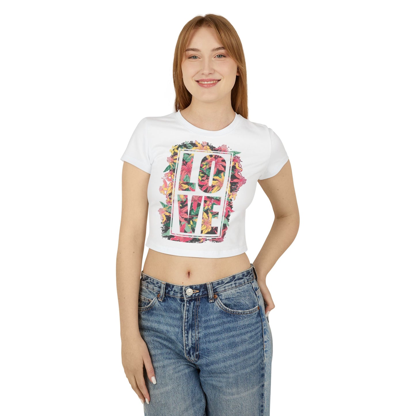 Women's Love Floral Baby Tee - Cute Floral Graphic T-Shirt for Spring/Summer