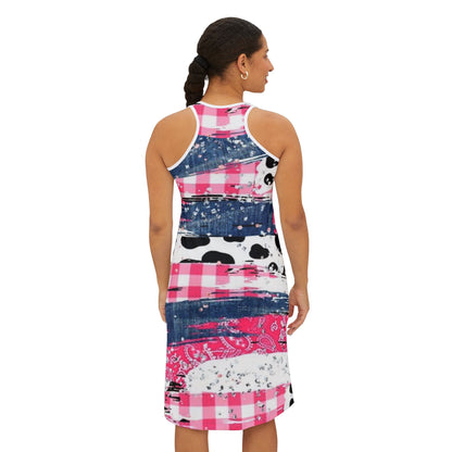 Colorful Denim & Cow Print Pattern Summer Dress