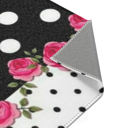 Polka Dot Rose Area Rug — Black & White Vintage Floral Accent Rug
