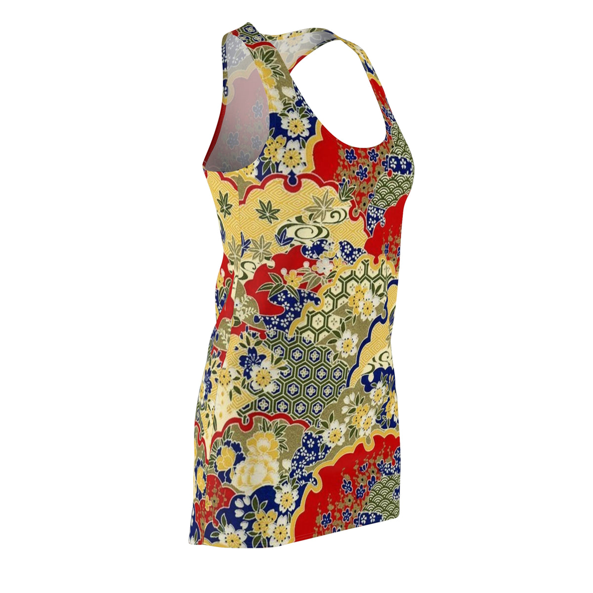 Floral Kimono-Print Racerback Dress — Vibrant Asian-Inspired All-Over Print