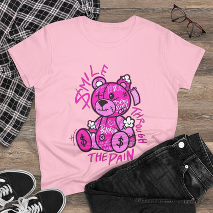 Smile Through The Pain Teddy Bear Tee — Pink Graphic Women's Cotton Shirt