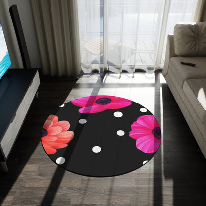 Floral Polka Dot Round Rug — Black Background with Pink & Coral Gerbera Flowers
