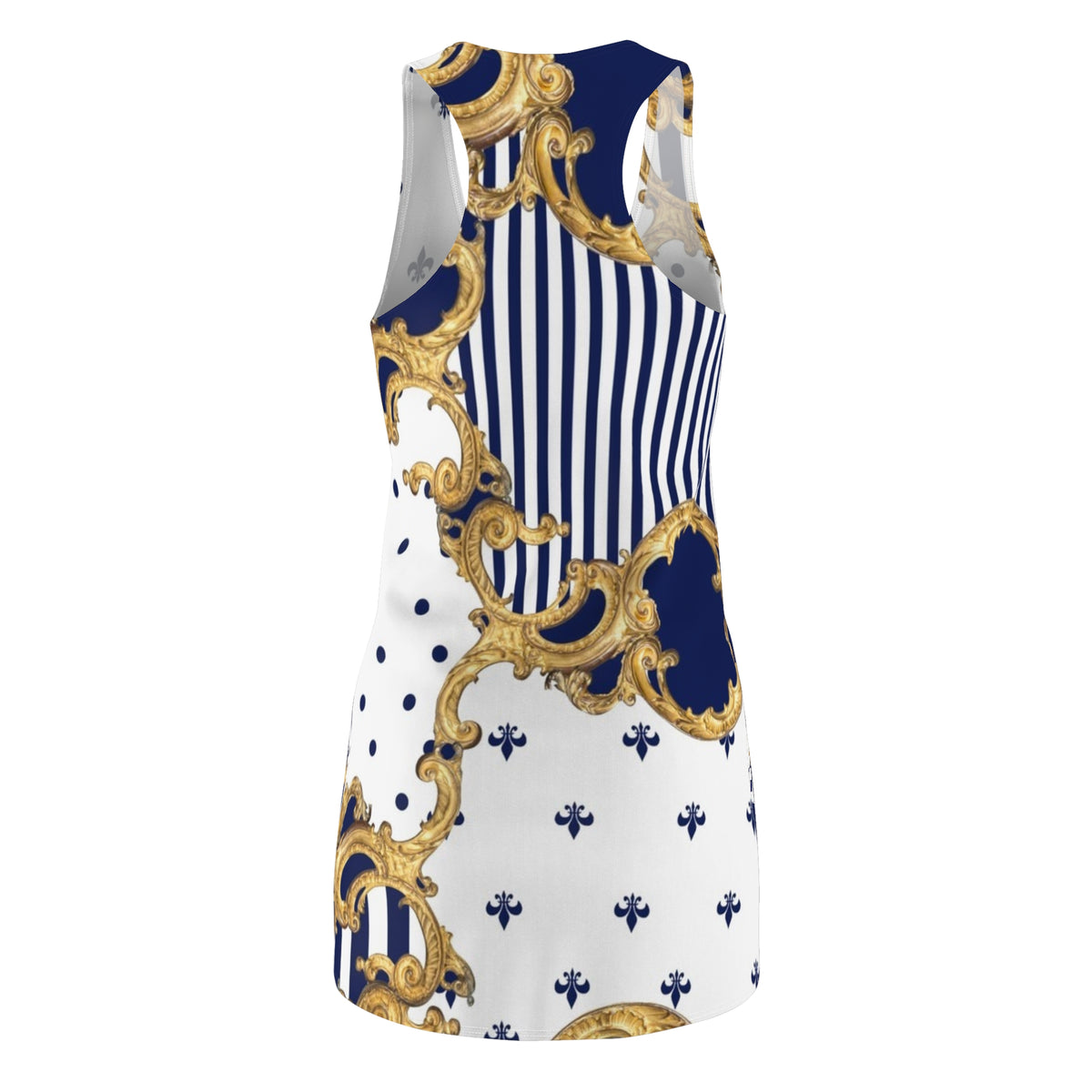 Baroque Gold & Navy Racerback Dress — Striped Fleur-de-Lis
