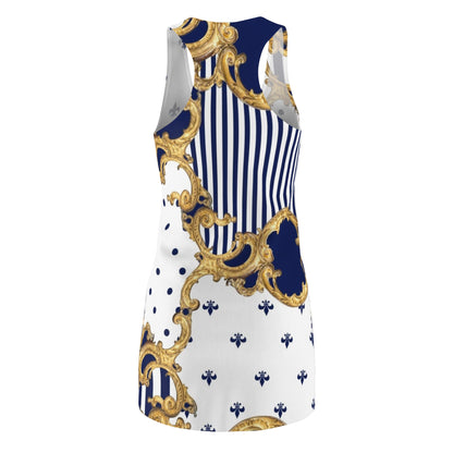 Baroque Gold & Navy Racerback Dress — Striped Fleur-de-Lis