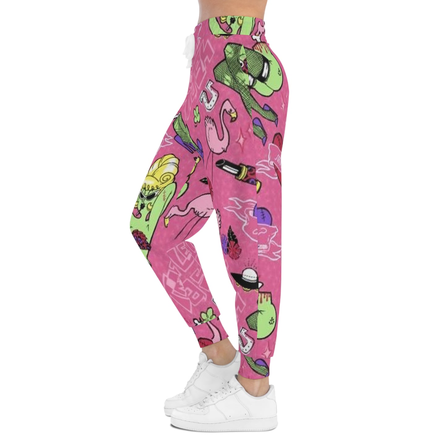 Pink Retro Pop Pattern Joggers — Flamingo, Lipstick & Heart Graphic Athletic Pants