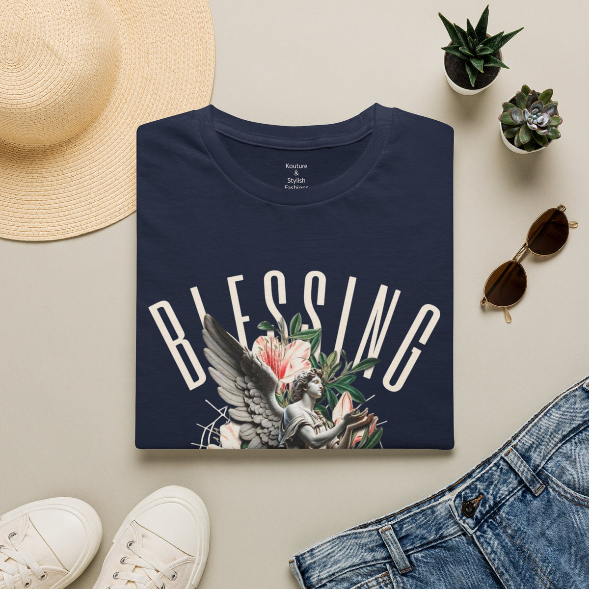 Blessing Angel Graphic T‑Shirt — Faith Inspired Floral Statue Tee