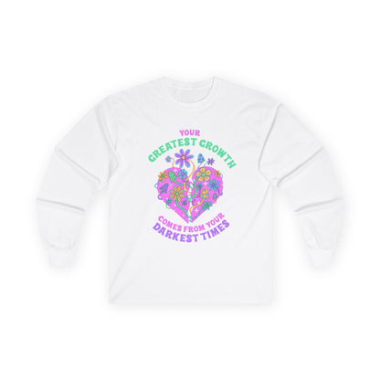 Long Sleeve Tee — "Your Greatest Growth Comes From Your Darkest Times" Floral Heart Motivational Shirt