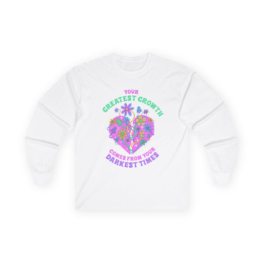 Long Sleeve Tee — "Your Greatest Growth Comes From Your Darkest Times" Floral Heart Motivational Shirt
