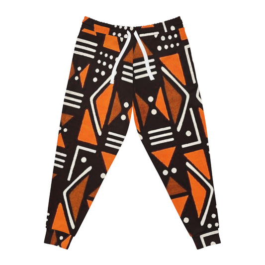 Geometric Orange & Black Athletic Joggers — Tribal Pattern AOP