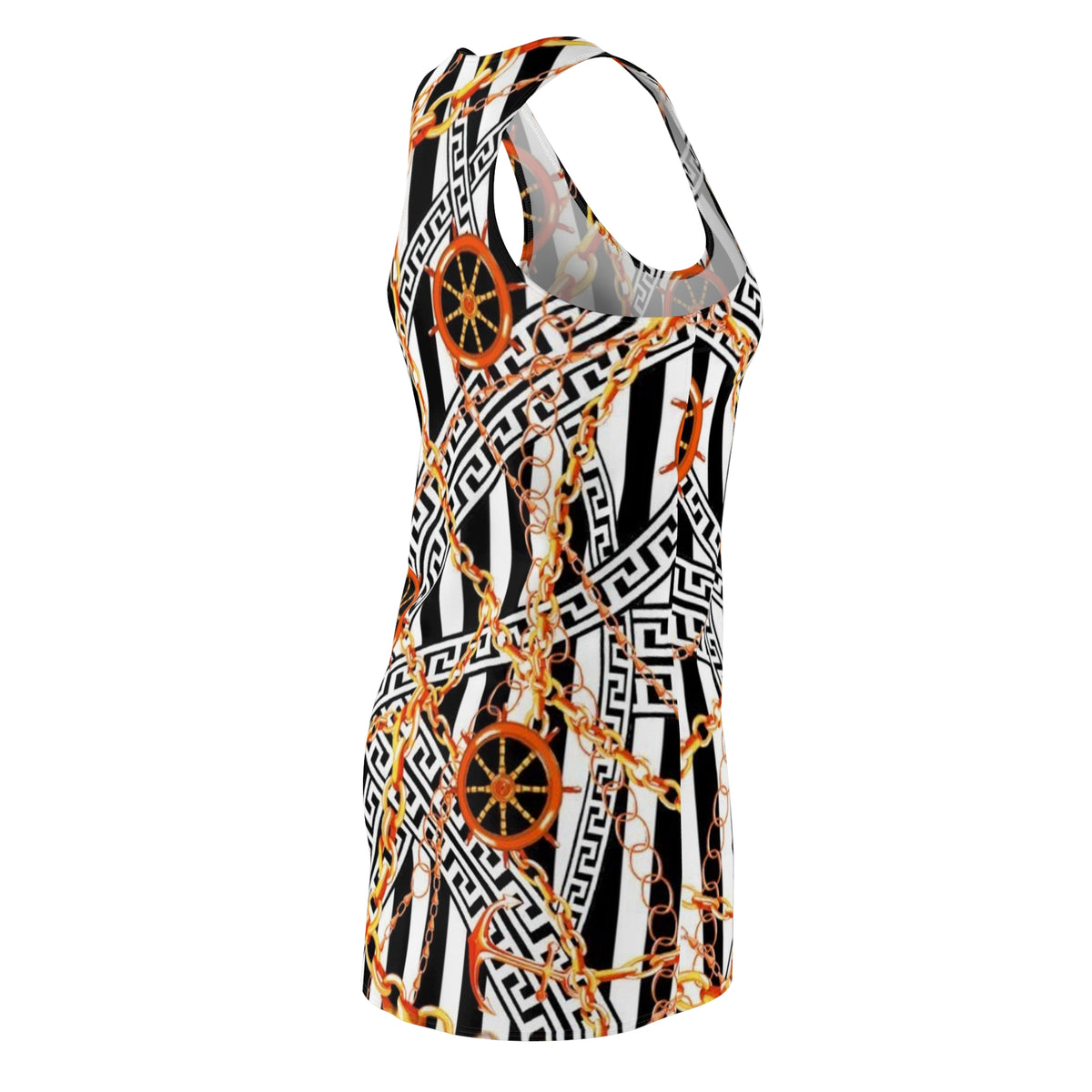 Chain & Wheel Pattern Racerback Dress — Bold Black Stripe Nautical Print