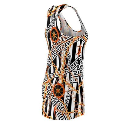 Chain & Wheel Pattern Racerback Dress — Bold Black Stripe Nautical Print