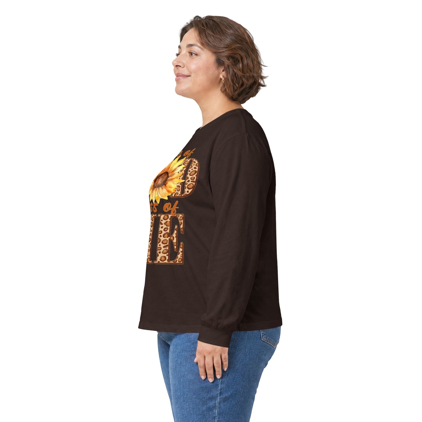 Long Sleeve Tee — "More of God Less of Me" Sunflower Faith Design