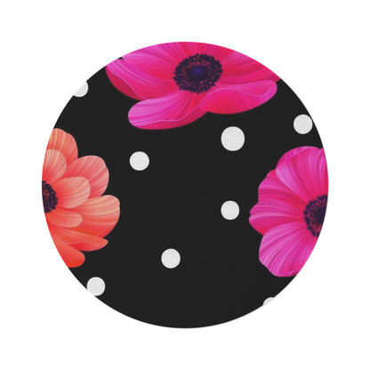 Floral Polka Dot Round Rug — Black Background with Pink & Coral Gerbera Flowers