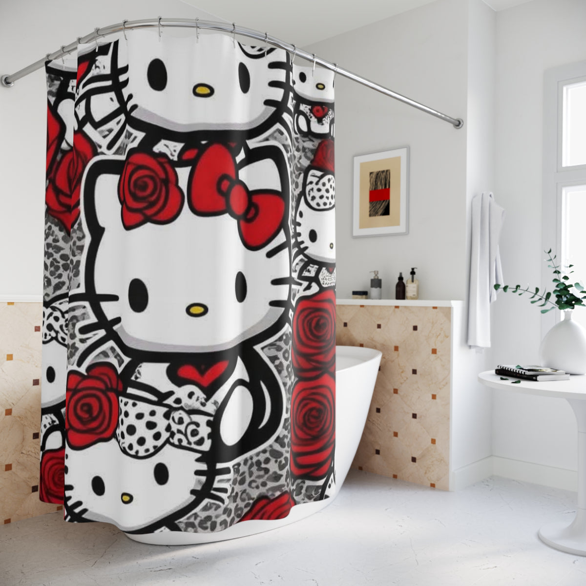 Hello Kitty Red Rose Shower Curtain — Cute Floral Bathroom Decor