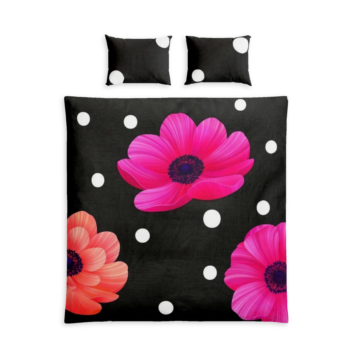 Floral Polka Dot Cotton Bed Set — Pink Gerbera Flowers on Black