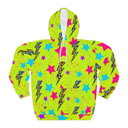 Electric Vibe Unisex Pullover Hoodie, Neon Lightning Stars, Streetwear Fashion, Gift for Him, Her, Music Festivals, Summer Nights