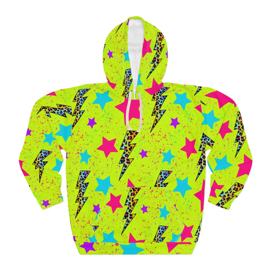 Electric Vibe Unisex Pullover Hoodie, Neon Lightning Stars, Streetwear Fashion, Gift for Him, Her, Music Festivals, Summer Nights