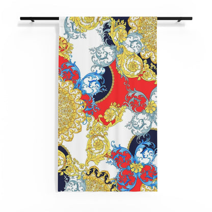 Baroque Scroll Sheer Curtain — Ornate Gold & Red Window Panel