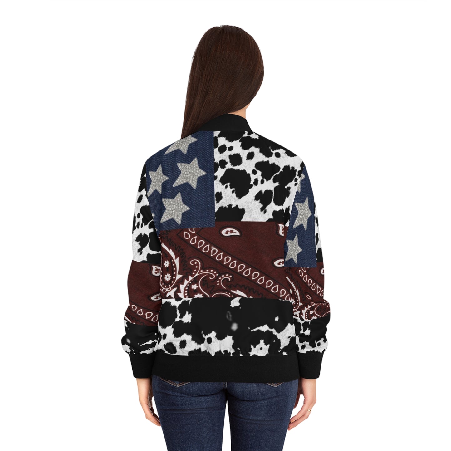 Patriotic Cow Print Bomber Jacket, Trendy Casual Outerwear, Women's Fashion, USA Pride, Everyday Comfort, Perfect for Festivals