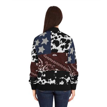 Patriotic Cow Print Bomber Jacket, Trendy Casual Outerwear, Women's Fashion, USA Pride, Everyday Comfort, Perfect for Festivals