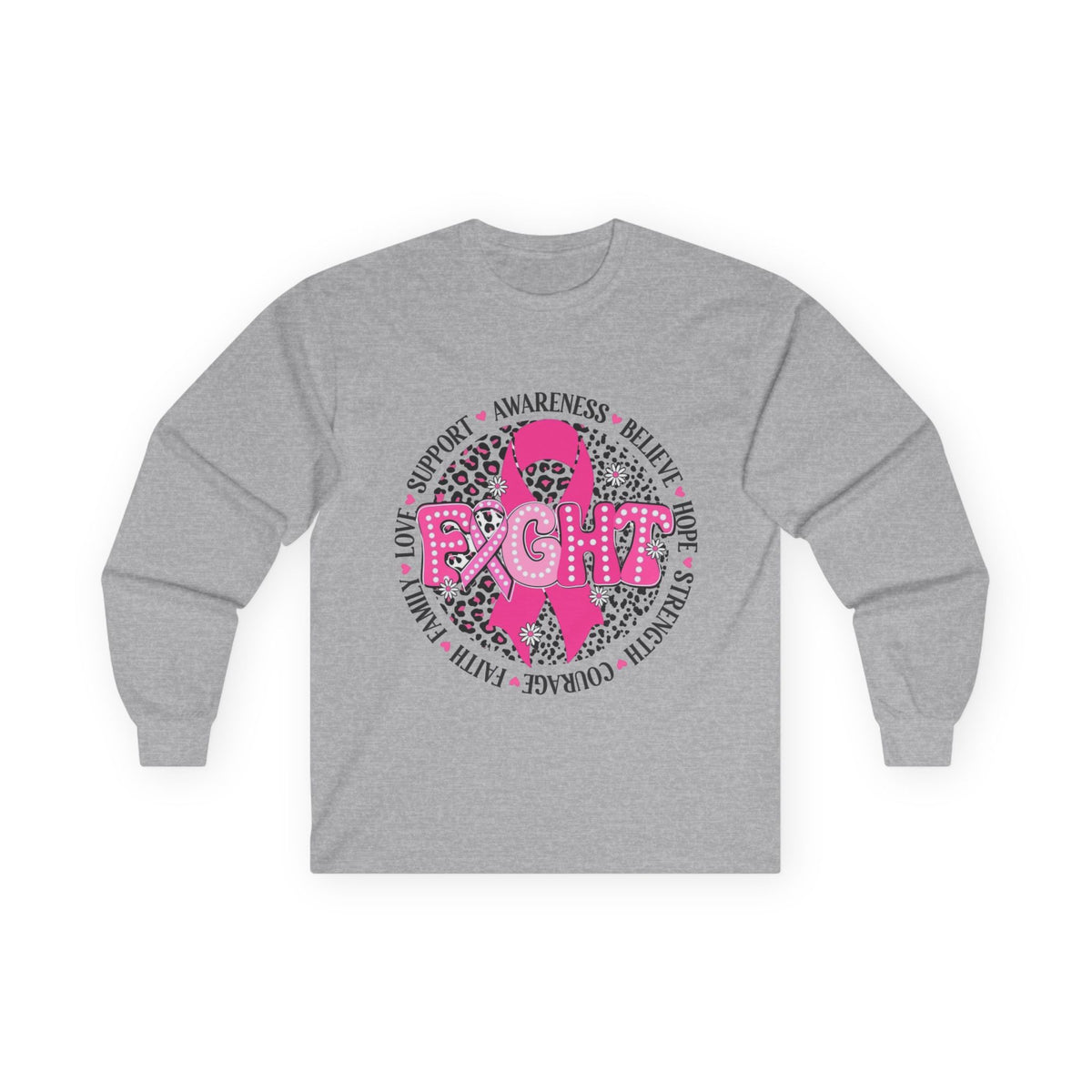 Breast Cancer Awareness Long Sleeve Tee — Pink Ribbon “Fight” Leopard Design