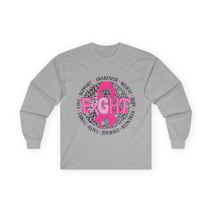 Breast Cancer Awareness Long Sleeve Tee — Pink Ribbon “Fight” Leopard Design