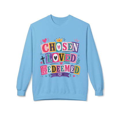 Christian Crewneck Sweatshirt — "Chosen Loved Redeemed" Colorful Faith Design