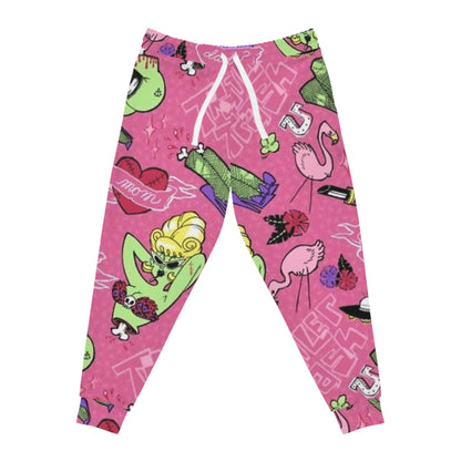 Pink Retro Pop Pattern Joggers — Flamingo, Lipstick & Heart Graphic Athletic Pants