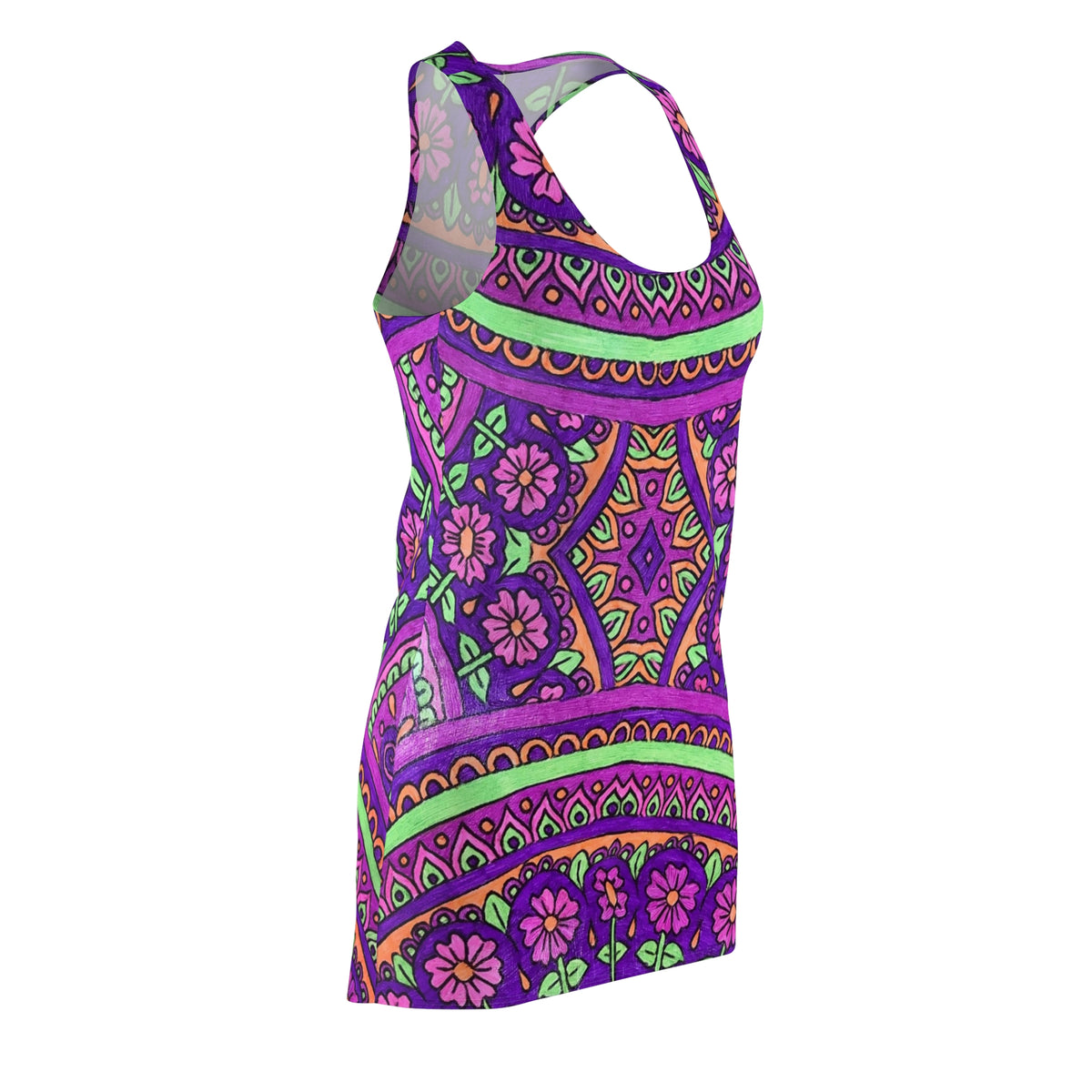 Purple Boho Floral Racerback Dress – Vibrant Mandala AOP