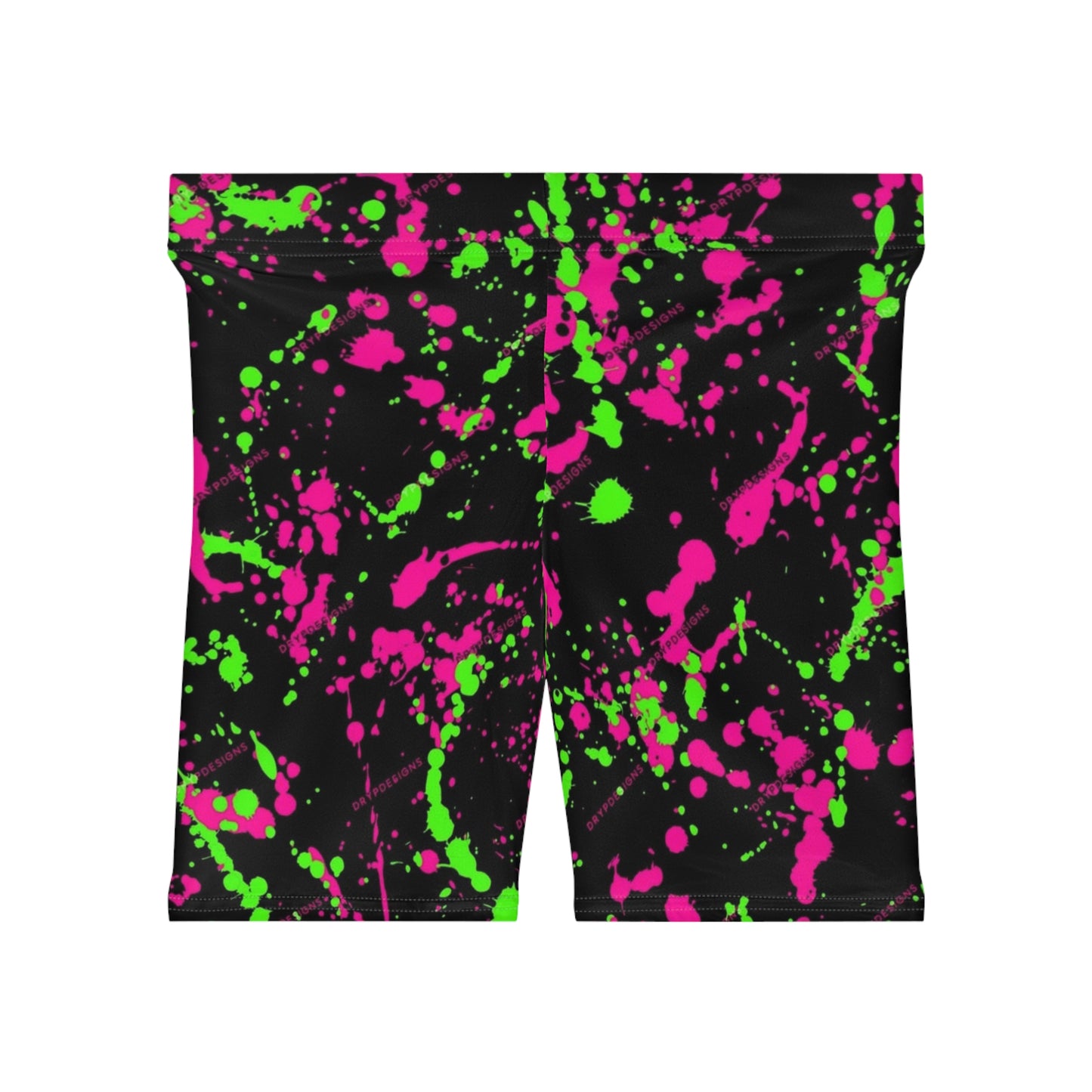 Vibrant Neon Splash Biker Shorts for Active Women - Neon Pink & Green Design