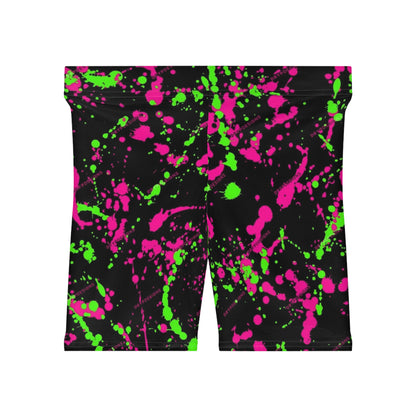 Vibrant Neon Splash Biker Shorts for Active Women - Neon Pink & Green Design