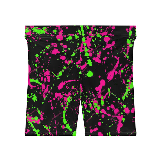 Vibrant Neon Splash Biker Shorts for Active Women - Neon Pink & Green Design