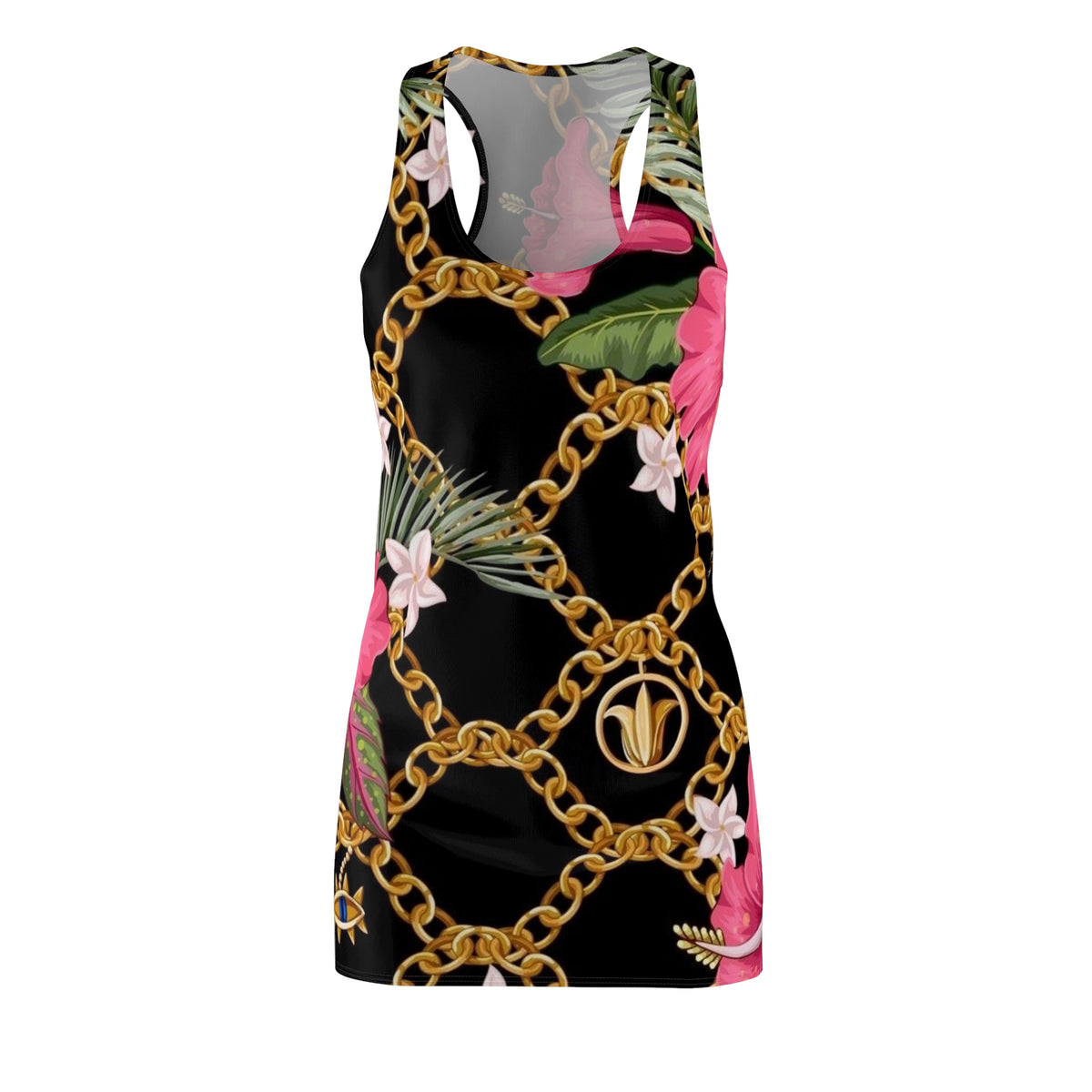 Racerback Dress — Black Floral & Gold Chain All-Over Print