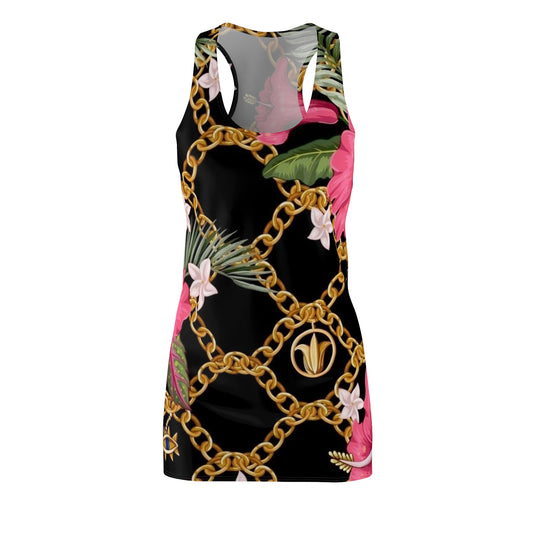 Racerback Dress — Black Floral & Gold Chain All-Over Print