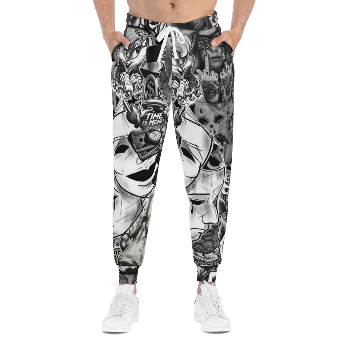 Chicano Street Art Joggers — Black & White Lowrider Tattoo AOP Athletic Pants