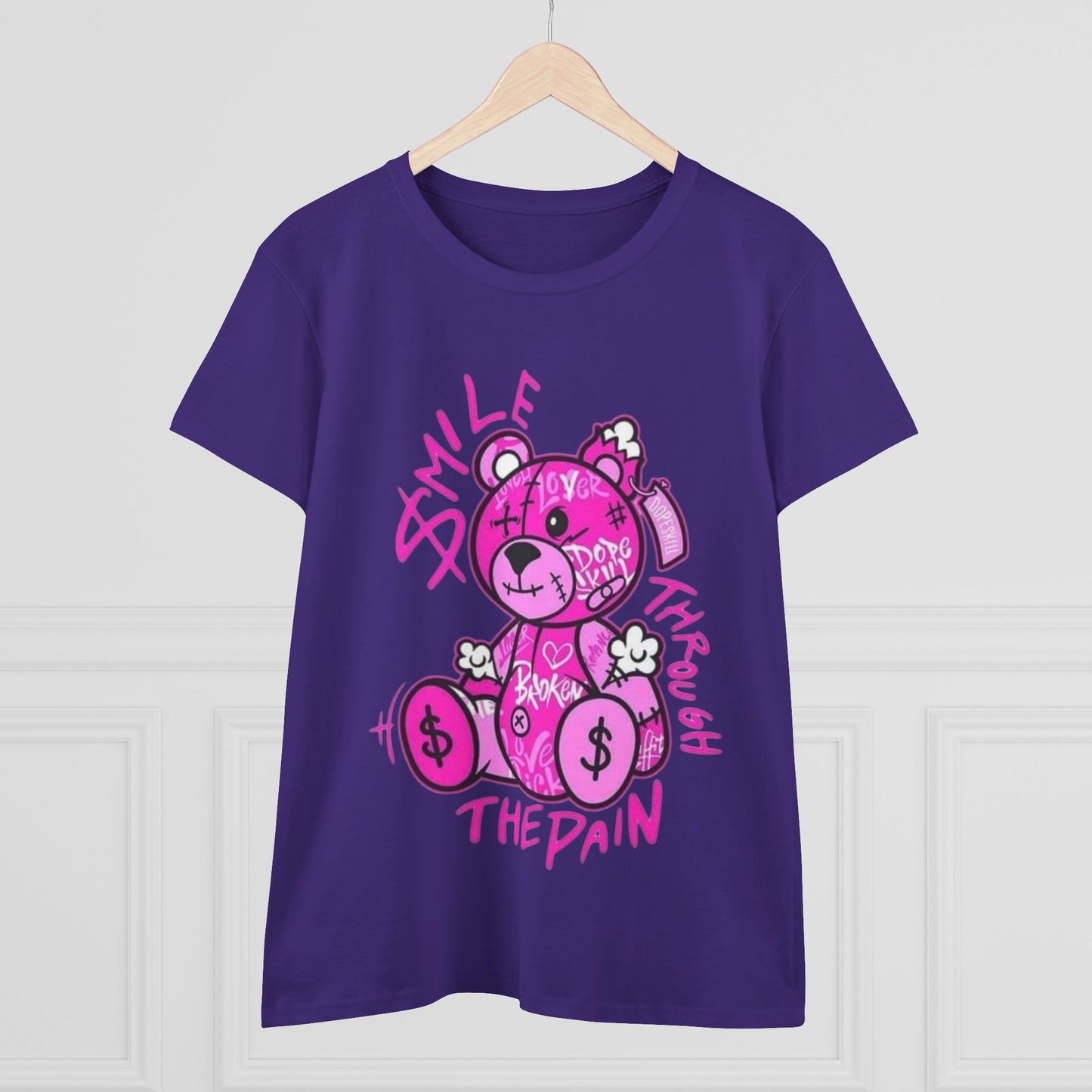 Smile Through The Pain Teddy Bear Tee — Pink Graphic Women's Cotton Shirt