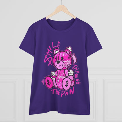 Smile Through The Pain Teddy Bear Tee — Pink Graphic Women's Cotton Shirt