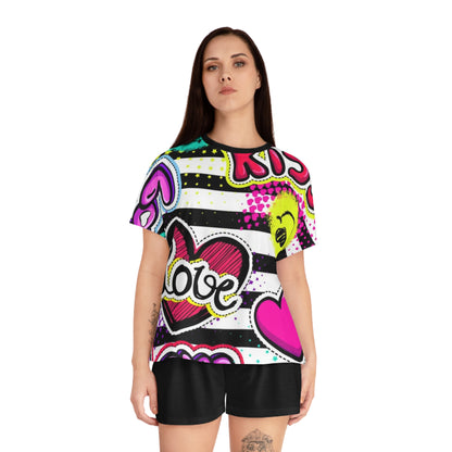 Colorful “Kiss Love” Women's Short Pajama Set with Love & Heart Graphics
