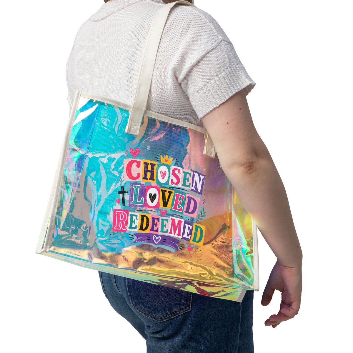 Holographic Beach Tote — "Chosen Loved Redeemed" Clear Iridescent Tote Bag