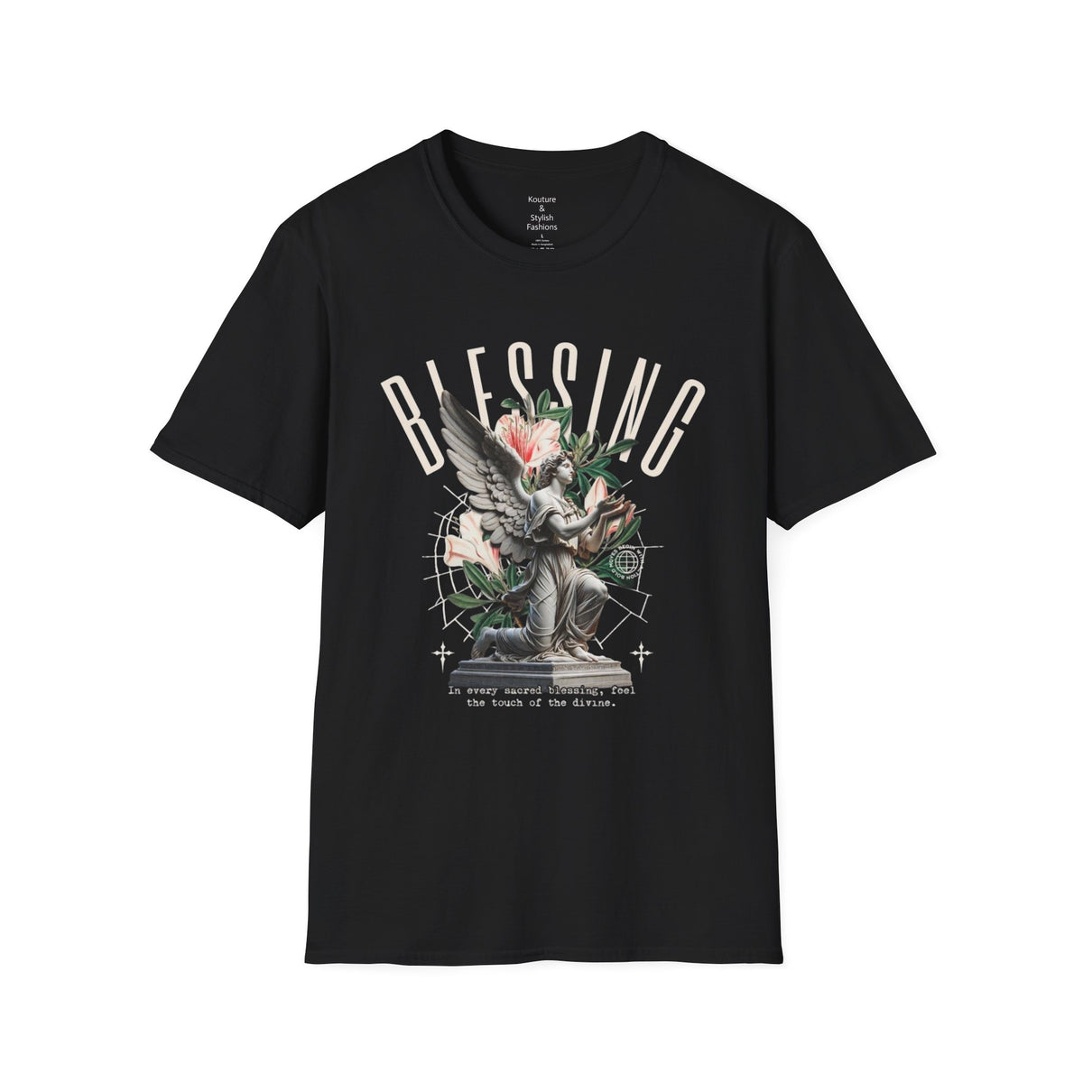 Blessing Angel Graphic T‑Shirt — Faith Inspired Floral Statue Tee