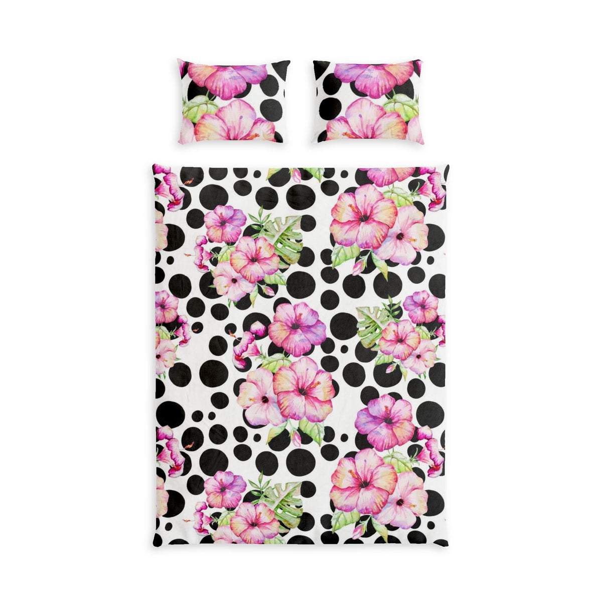 Floral Polka Dot Cotton Bed Set — Pink Petunias on Black Dots