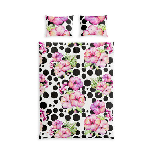 Floral Polka Dot Cotton Bed Set — Pink Petunias on Black Dots